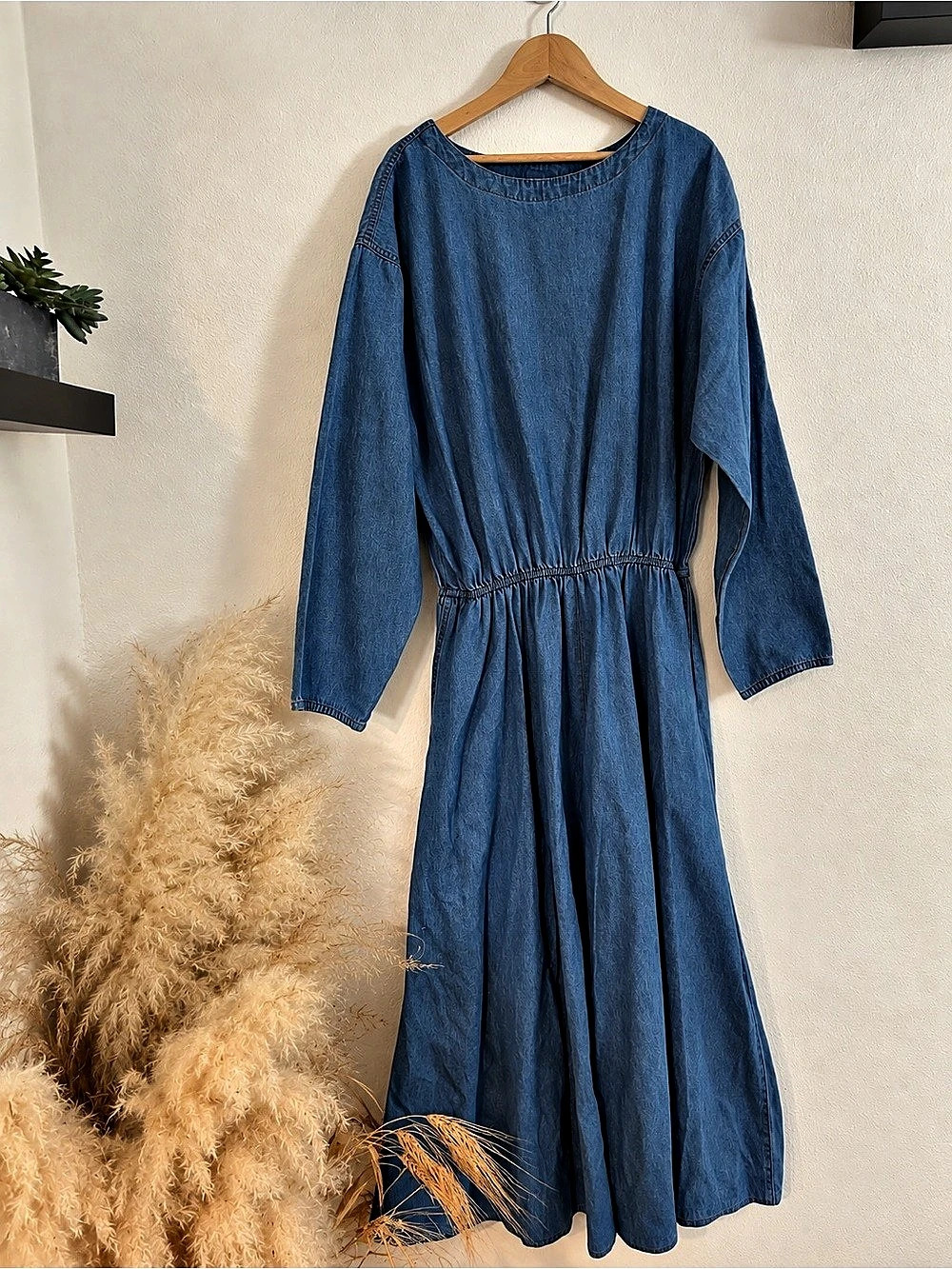 Vintage 90s Coldwater Creek Denim Maxi Dress L Made USA Pockets